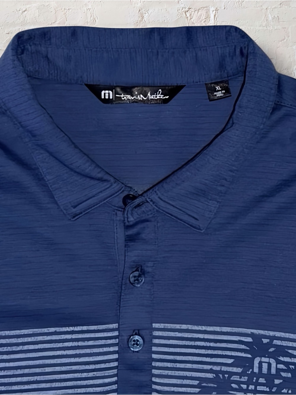TravisMathew Private Pool Polo Shirt XL Sargasso Sea Palm Stripe Blue